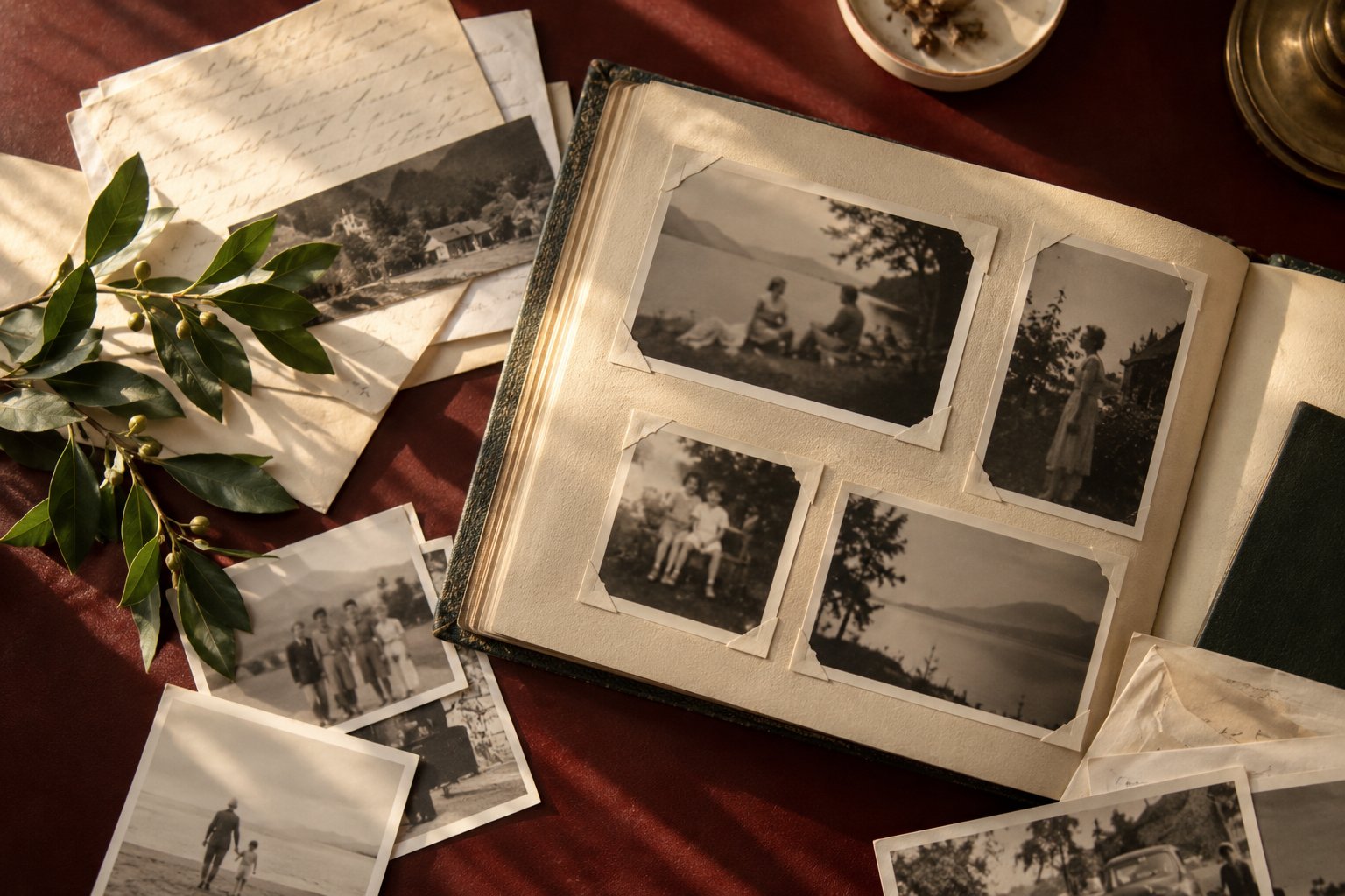 A family album and handwritten letters in warm afternoon light